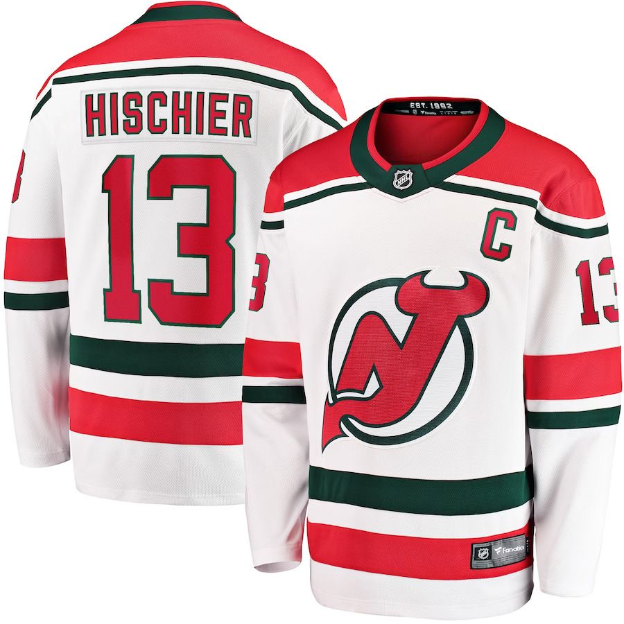 Men New Jersey Devils #13 Nico Hischier Fanatics Branded White 2022-23 Heritage Premier Breakaway NHL Jersey->new jersey devils->NHL Jersey